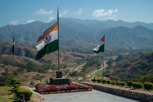 Representación detallada y realista de las banderas india y paquistaní izadas en lo alto durante la ceremonia de cierre de fronteras.