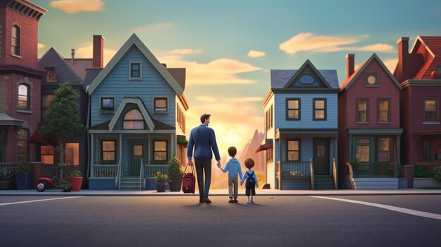 Representación del Día del Padre estilo minimalista de dibujos animados con un padre enseñando a su hijo a caminar