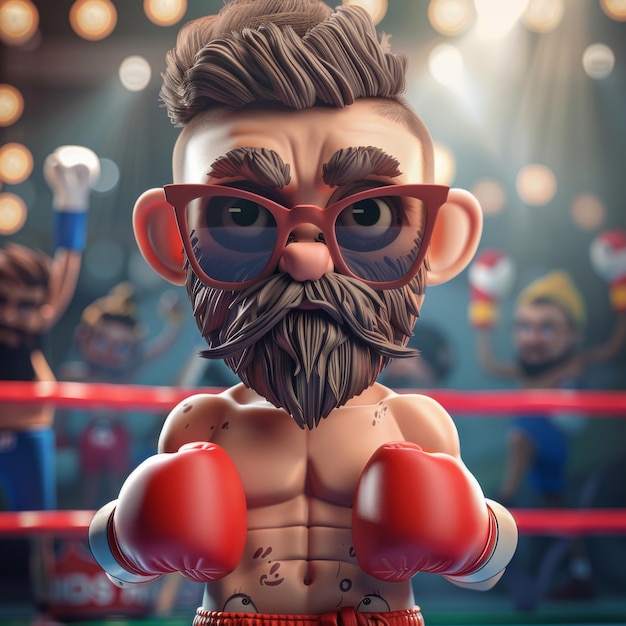 Una representación de dibujos animados de un boxeador hipster confiado con una barba prominente y gafas de sol rojas