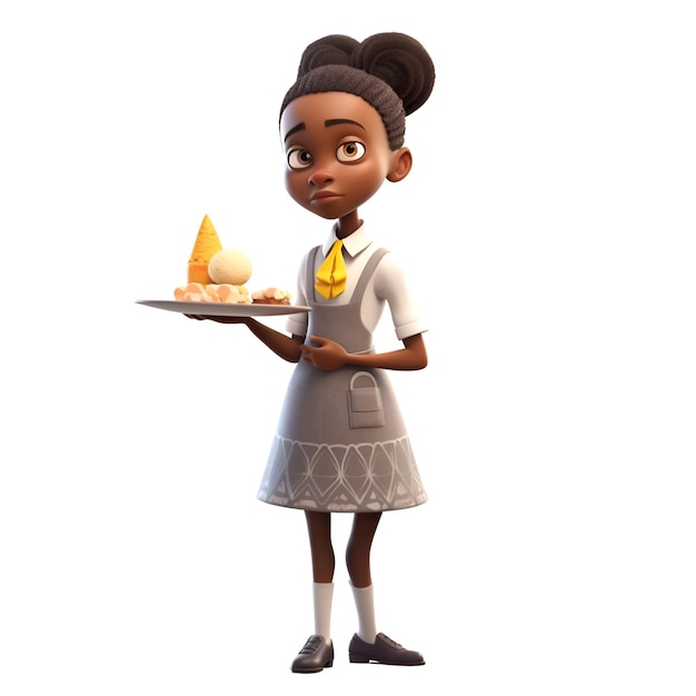 Una representación digital 3D de una linda camarera afroamericana con una bandeja llena de helado