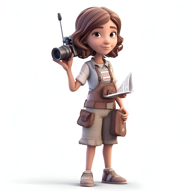 Una representación digital 3D de una linda chica de dibujos animados con mochila y cámara