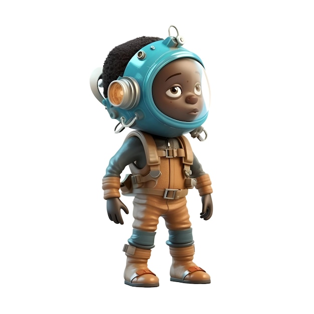 Una representación digital en 3D de un niño afroamericano con un traje de astronauta aislado de fondo blanco