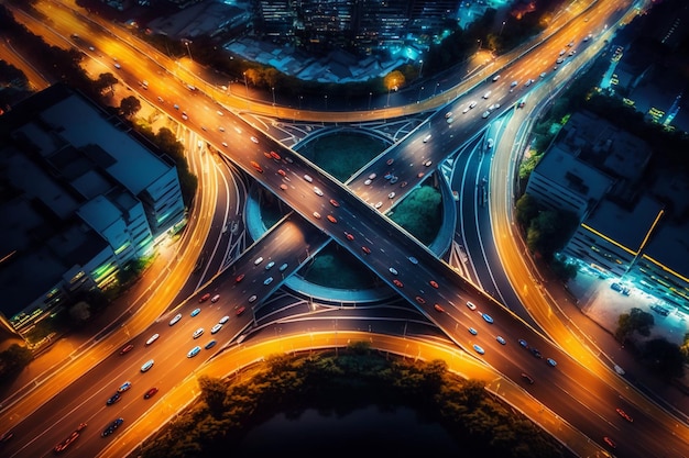 Una representación digital de una autopista con un puente al fondo.