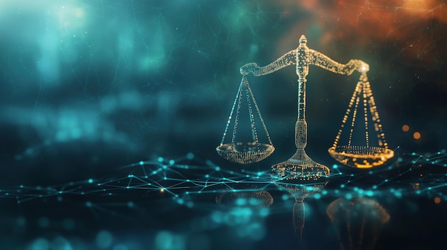 Representación digital de una balanza con un fondo de red que simboliza la justicia y la tecnología