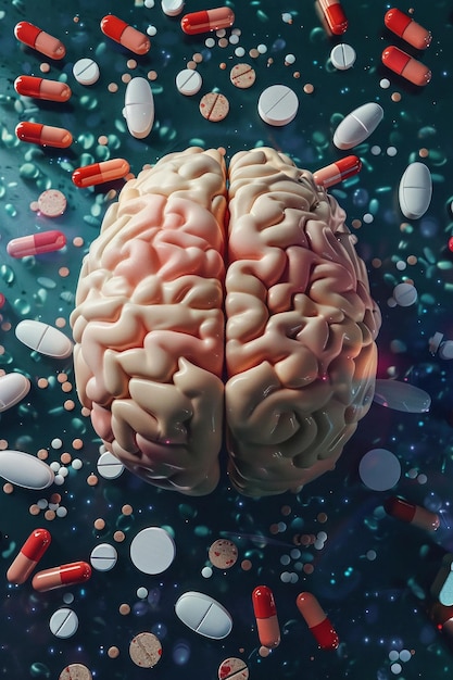 Una representación digital de un cerebro humano rodeado de una variedad de pastillas