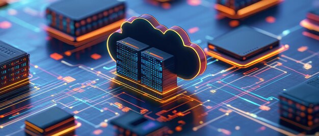 Una representación digital de la computación en la nube con servidores en una placa de circuitos