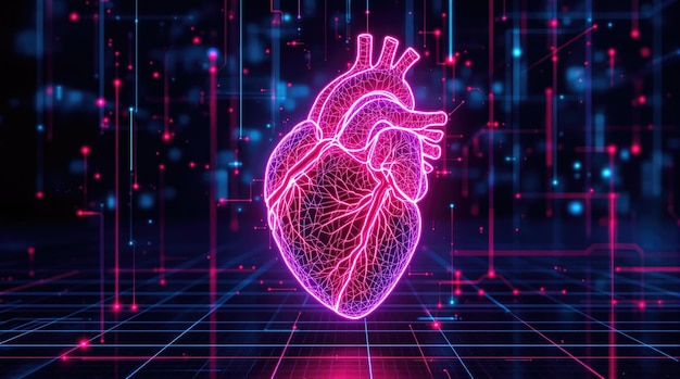 Representación digital de un corazón humano con colores de neón en un entorno futurista que muestra tecnología avanzada y conceptos de visualización de datos IA generativa