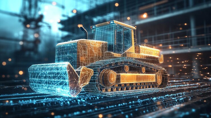 Representación digital de una excavadora que muestra tecnología e innovación en la construcción