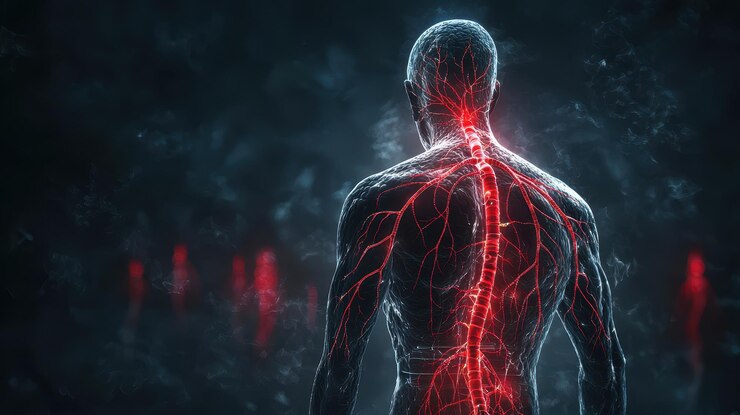 Una representación digital de una figura humana que muestra un sistema vascular rojo brillante que hace hincapié en la columna vertebral y los vasos sanguíneos contra un fondo oscuro que evoca una sensación de intriga y profundidad
