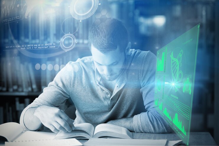 Foto representación digital de un gráfico circular contra un estudiante masculino que investiga con un libro