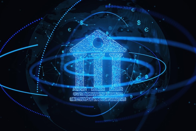Representación digital de un icono bancario entrelazado con símbolos monetarios sobre un fondo azul temático de red que simboliza la tecnología financiera Renderización 3D