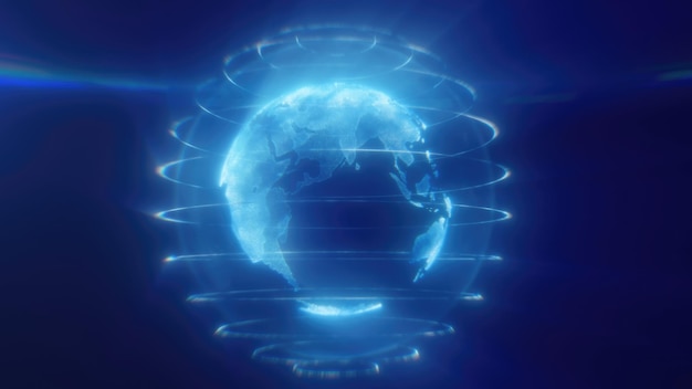 Una representación digital de la Tierra azul con líneas brillantes que rodean el planeta destacando la conectividad y la tecnología globales
