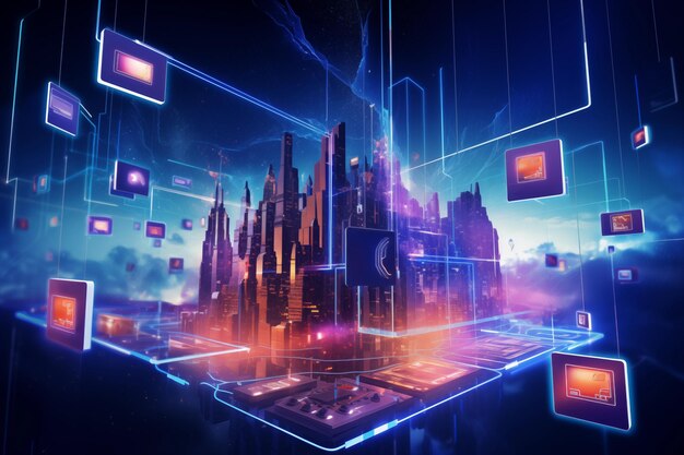 Representación digital vibrante de una ciudad futura con pantallas holográficas flotantes