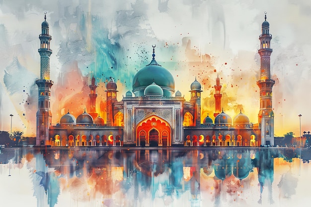 Representación dinámica en acuarela de una mezquita sobre un telón de fondo blanco con reflexión sobre el entorno blanco y el espacio IA generativa
