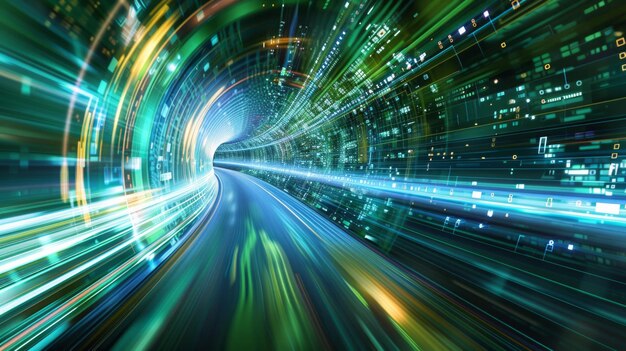 Foto una representación dinámica de la velocidad de la tecnología digital conectada con un fondo azul y verde giratorio visualizando información cibernética nano vías de comunicación abstractas y ai generativa futurista