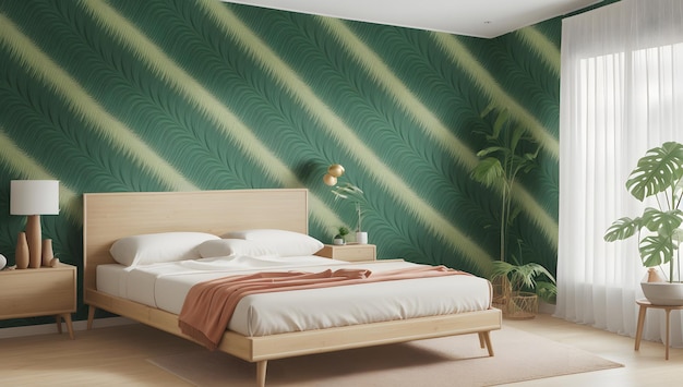 Una representación de un dormitorio hermosamente elegante con un papel tapiz verde