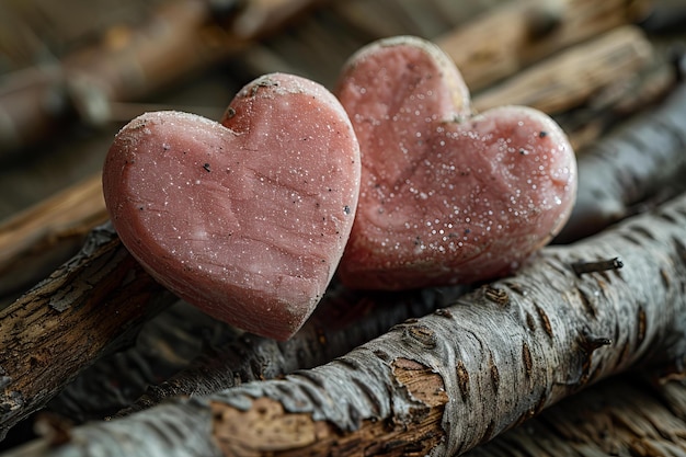 Representación de dos corazones rosados en la parte superior del fondo de madera de alta calidad y alta resolución