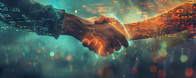 Foto una representación dramática de un apretón de manos entre un empresario y un capitalista de riesgo con números digitales flotando a su alrededor que simbolizan las cantidades de financiación