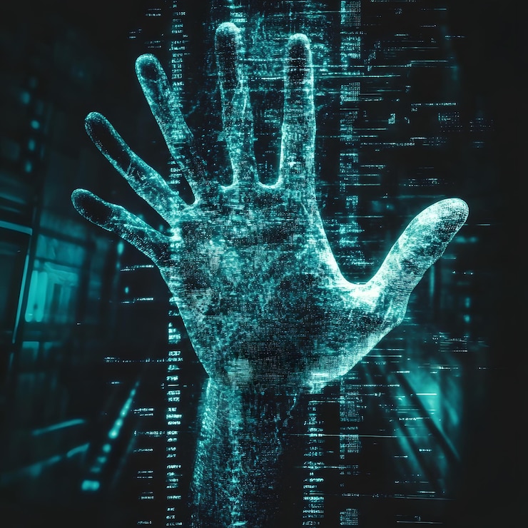 Foto una representación dramática de una mano de un hacker extendiéndose desde una pantalla digital