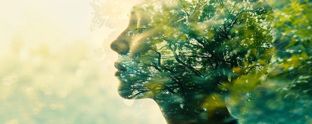 Representación de la ecología y la sostenibilidad mujer con los ojos cerrados cubierta por un árbol