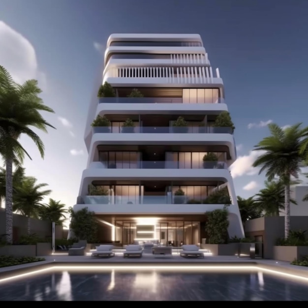 una representación de un edificio de apartamentos moderno con una piscina en frente ai generativa