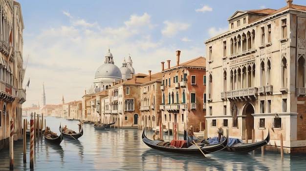 Una representación de los edificios históricos de Venecia a lo largo de sus canales.