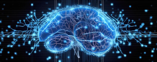 Foto representación estilizada de un cerebro humano hecho de líneas de circuitos que simbolizan artificial