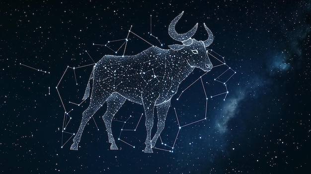 Representación estrellada de la constelación de Tauro en un cielo nocturno lleno de estrellas