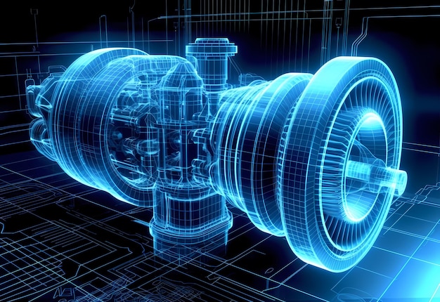 Representación de estructura alámbrica del motor turborreactor sobre fondo negro Concepto de gemelos digitales Imagen de representación 3D Generativa ai