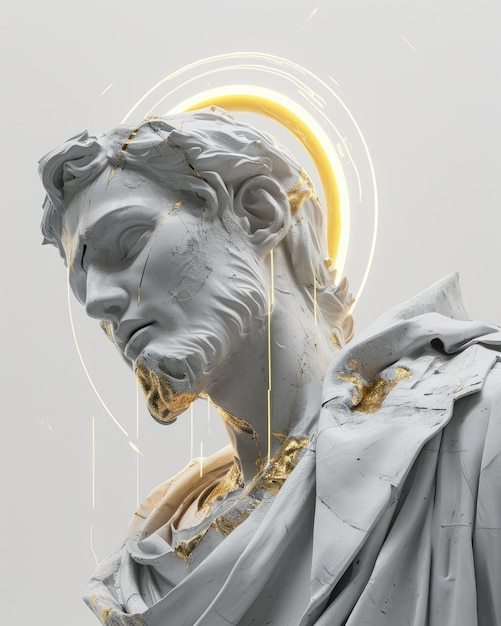 Representación fascinante de una estatua de dios con un halo dorado. Atractivo de falla divina de estética de falla que combina lo sagrado y lo moderno en una expresión artística única y surrealista.