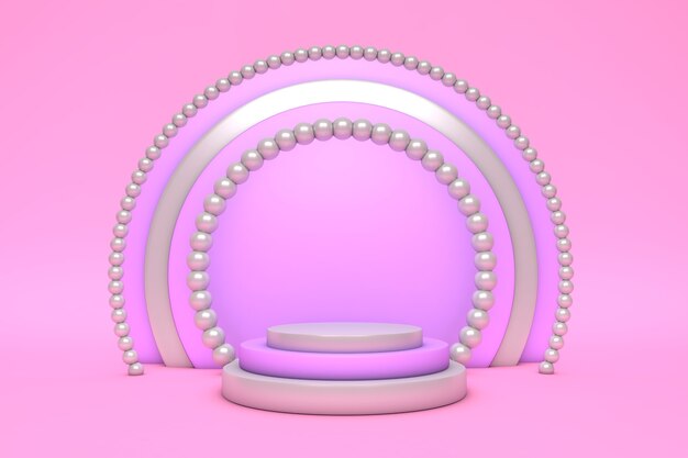 Representación de fondo 3d rosa con podio y escena de pared mínima, pastel de forma geométrica abstracta con perla.