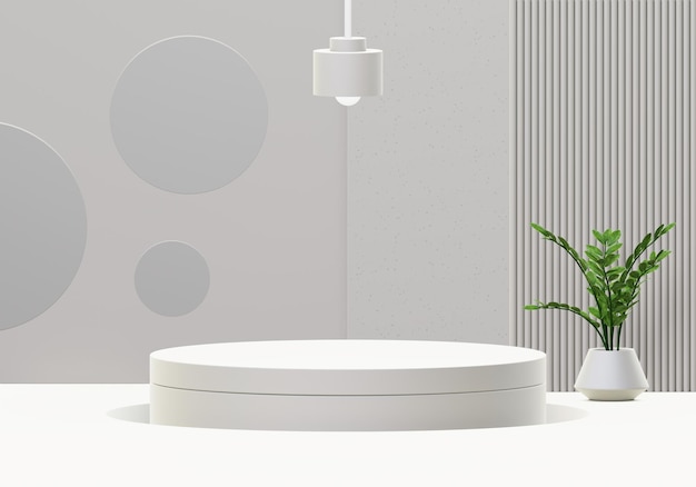 Representación de fondo 3d de soporte de podio de pantalla gris blanco con lámpara de luz y planta para maqueta de producto