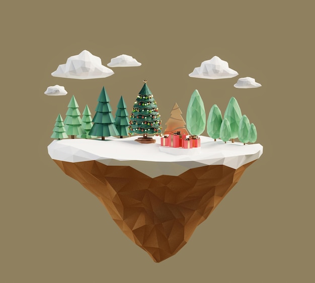 Representación del fondo 3d del tema de la Navidad del polígono bajo del paisaje isométrico