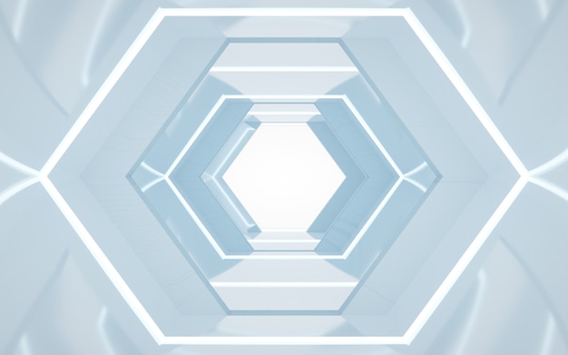 Representación de fondo en Cinema 4D de un túnel hexagonal con luces blancas para una maqueta de pantalla