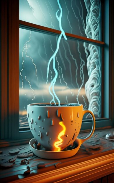 Una representación fotorrealista en 3D de una taza colocada junto a la ventana con una suave lluvia cayendo afuera