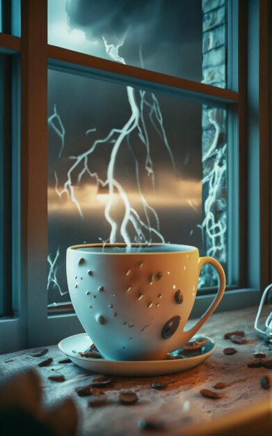 Una representación fotorrealista en 3D de una taza colocada junto a la ventana con una suave lluvia cayendo afuera