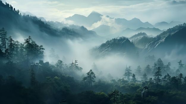 Una representación fotorrealista de un bosque montañoso con niebla por la mañana IA generativa