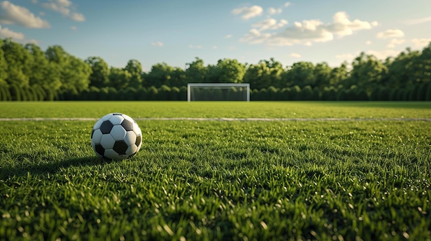 Una representación fotorrealista de un campo de fútbol vacío con una pelota de fútbol solitaria en el medio capturando la anticipación de un juego Creado utilizando el estilo fotorralista campo de futbol vacío AI Generativo