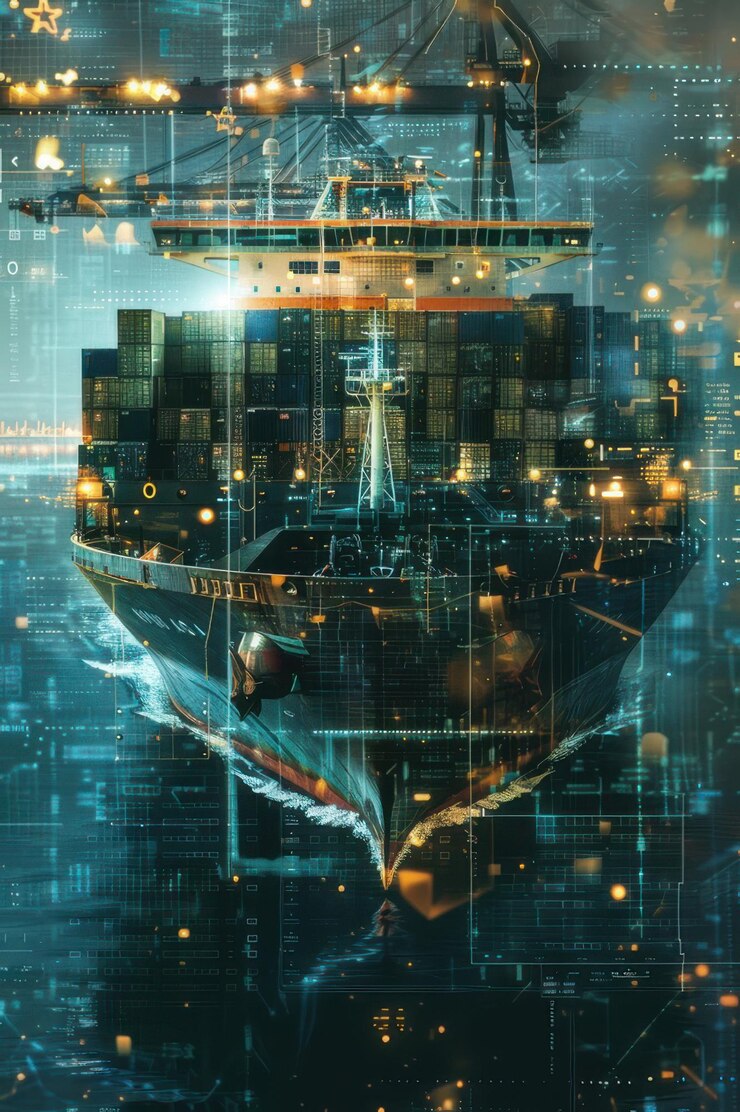 Representación futurista de un buque de carga navegando globalmente con mapa mundial digital y superposiciones de datos bajo un cielo estrellado