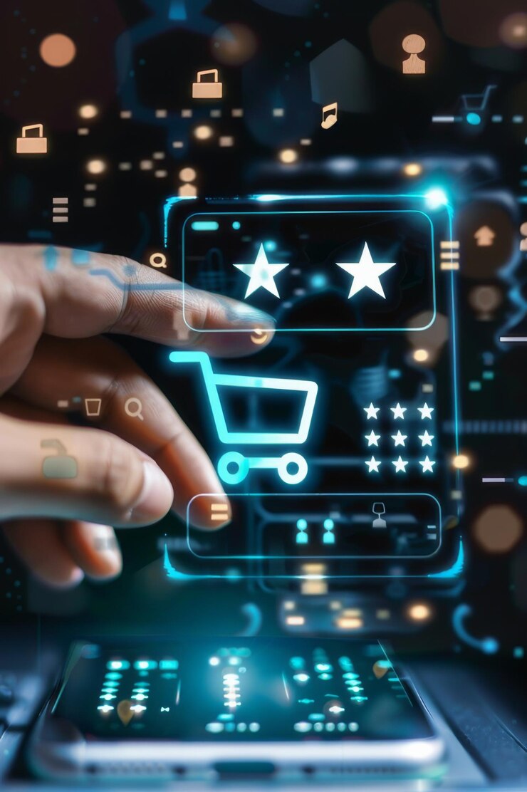 Representación futurista de una mano interactuando con una interfaz holográfica de carrito de compras rodeada de elementos digitales brillantes