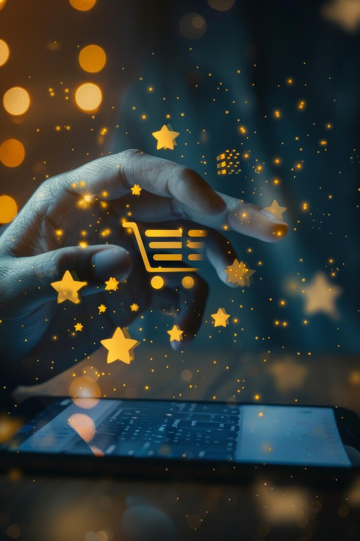 Representación futurista de una mano interactuando con una interfaz holográfica de carrito de compras rodeada de elementos digitales brillantes