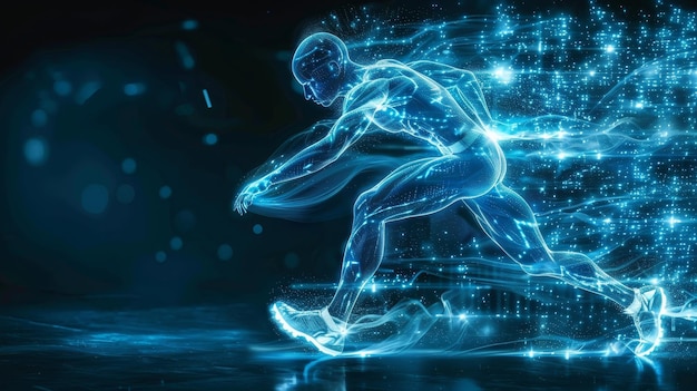 Una representación gráfica de un atleta digital compuesto de partículas de energía y luz corriendo con