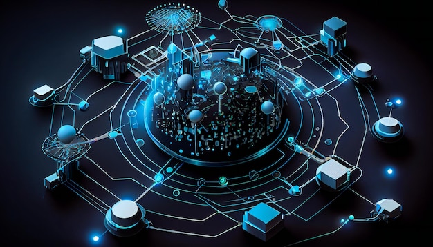 Una representación gráfica de una red IoT conectada con varios dispositivos de nodos y conexiones Generativa AIxA