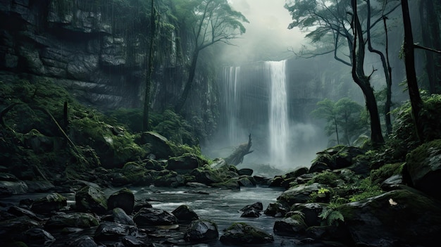 Representación hiperreal de una cascada brumosa en el bosque.