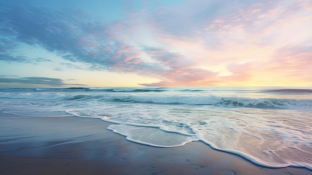 Representación hiperreal de una tranquila playa oceánica al amanecer.