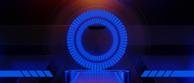 Representación de ilustración 3d de ciudad futurista cyberpunk juegos scifi escenario pantalla pedestal fondo jugador banner signo de neón resplandor soporte podio