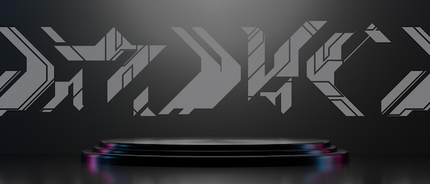 Representación de ilustración 3d de ciudad futurista cyberpunk juegos scifi escenario pantalla pedestal fondo jugador banner signo de neón resplandor soporte podio