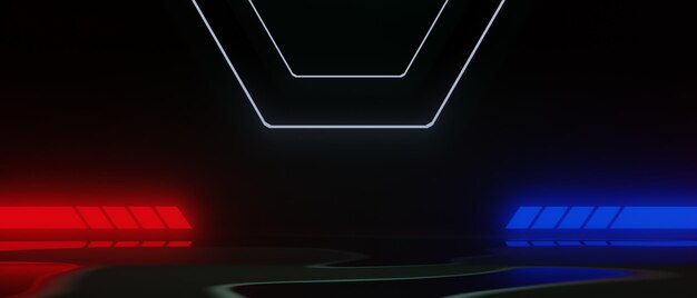 Representación de ilustración 3d de la copa de campeón de esports ciberpunk futurista de juego scifi pantalla de escenario fondo de pedestal cartel de jugador signo de podio de soporte de batalla de equipo rojo azul
