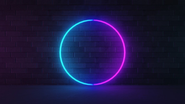 Representación de la ilustración 3D. Forma de círculo de luz de neón rosa azul con pared de ladrillo oscuro.