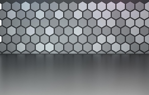 representación de ilustración 3d de pantalla de producto de fondo gris hexagonal para diseño de volante, diseño de negocios